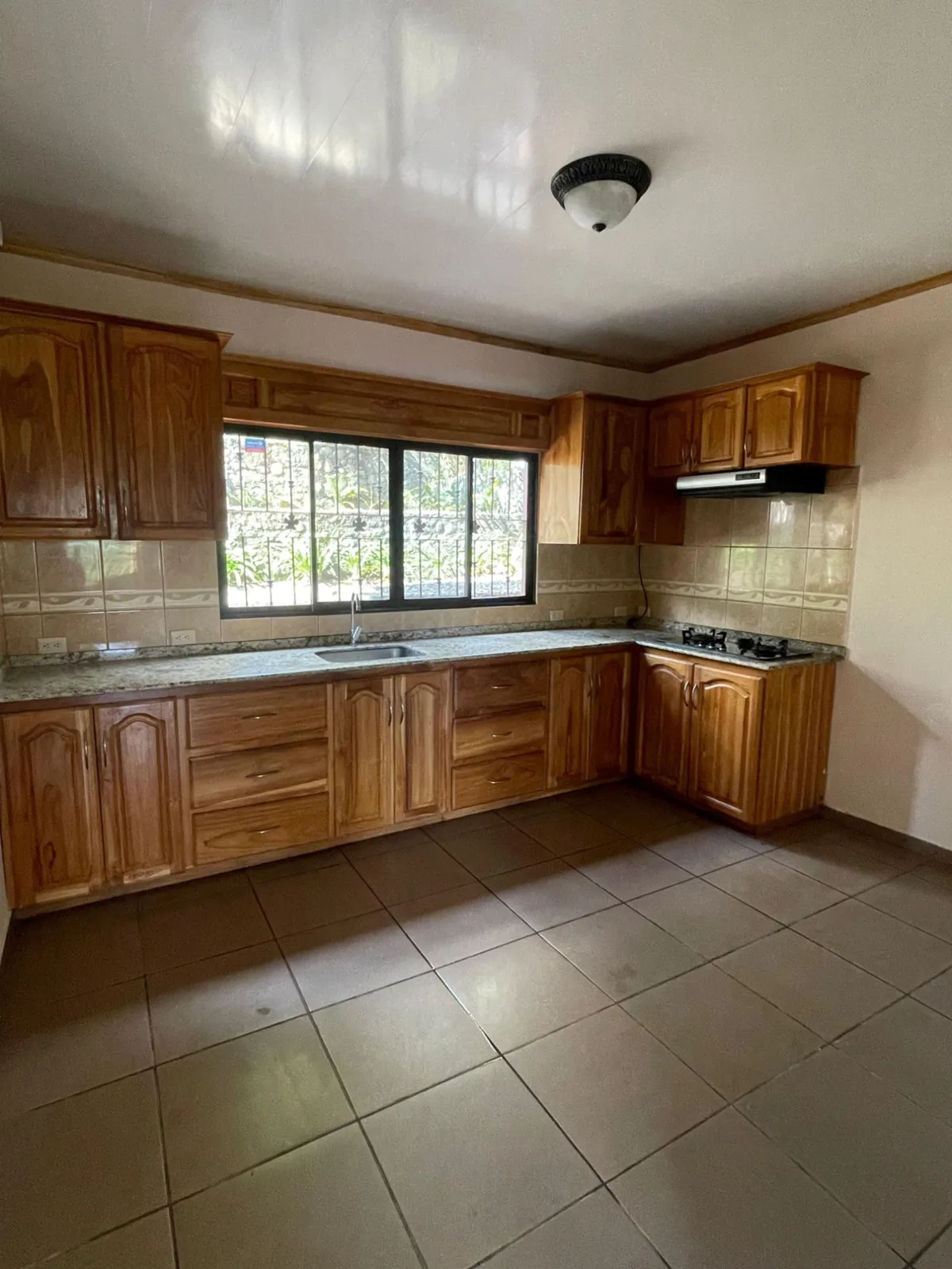 Cocina amplia con gabinetes de madera, encimera de granito y plantilla de gas empotrada