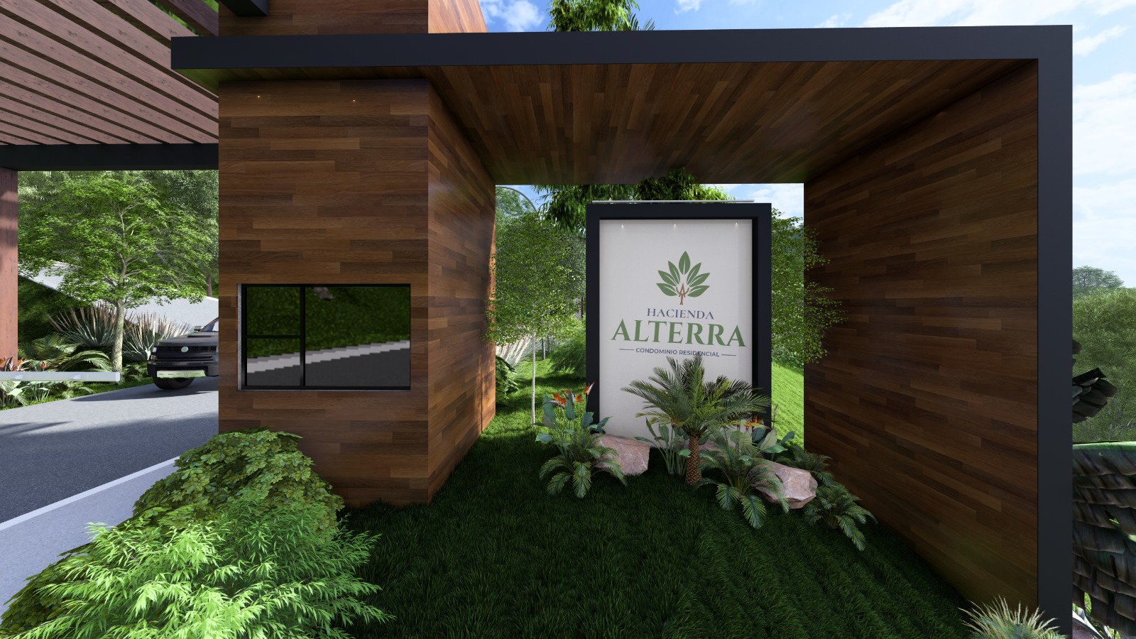 Render — entrada del condominio, de día