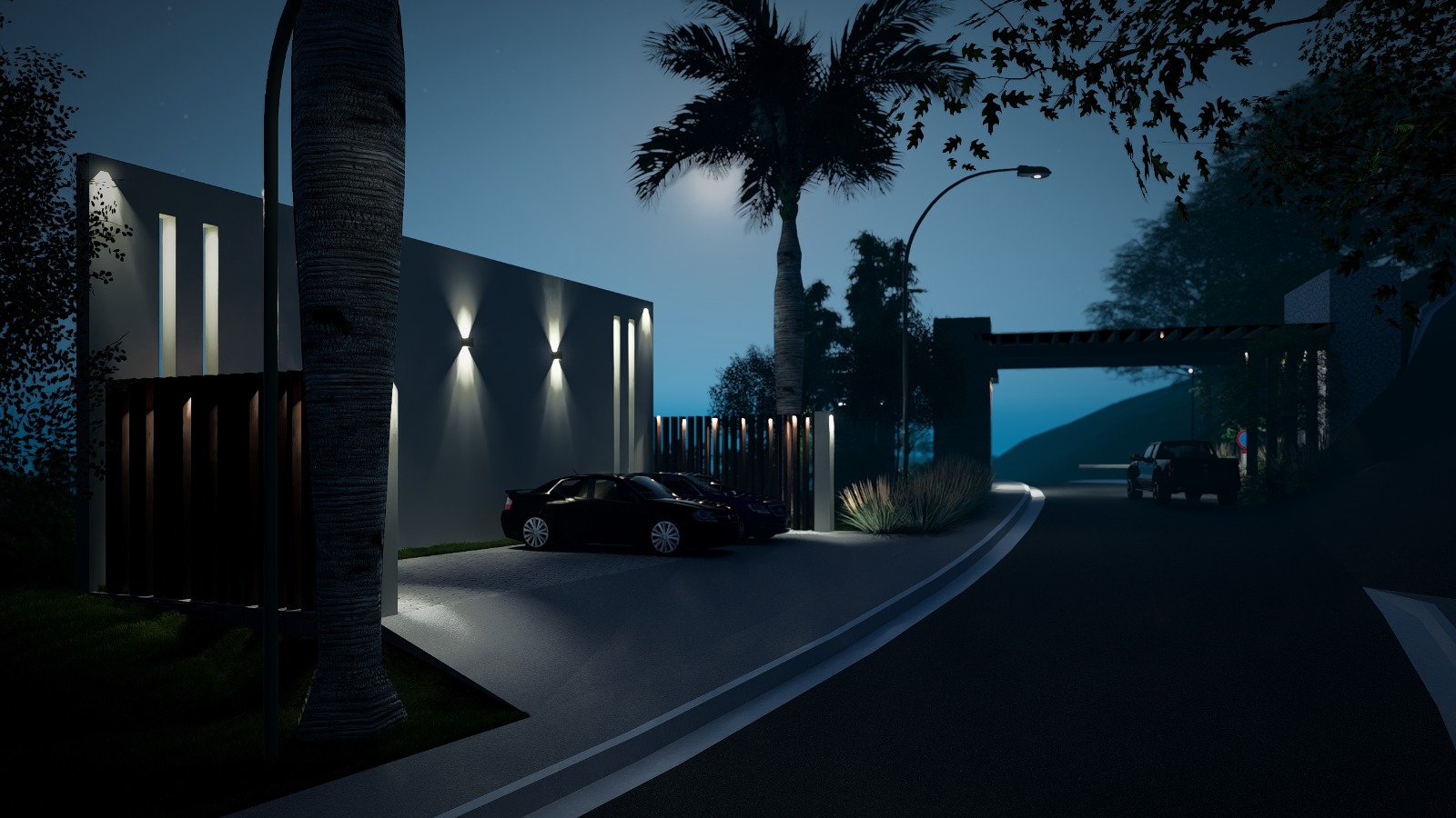 Render — entrada del condominio, de noche