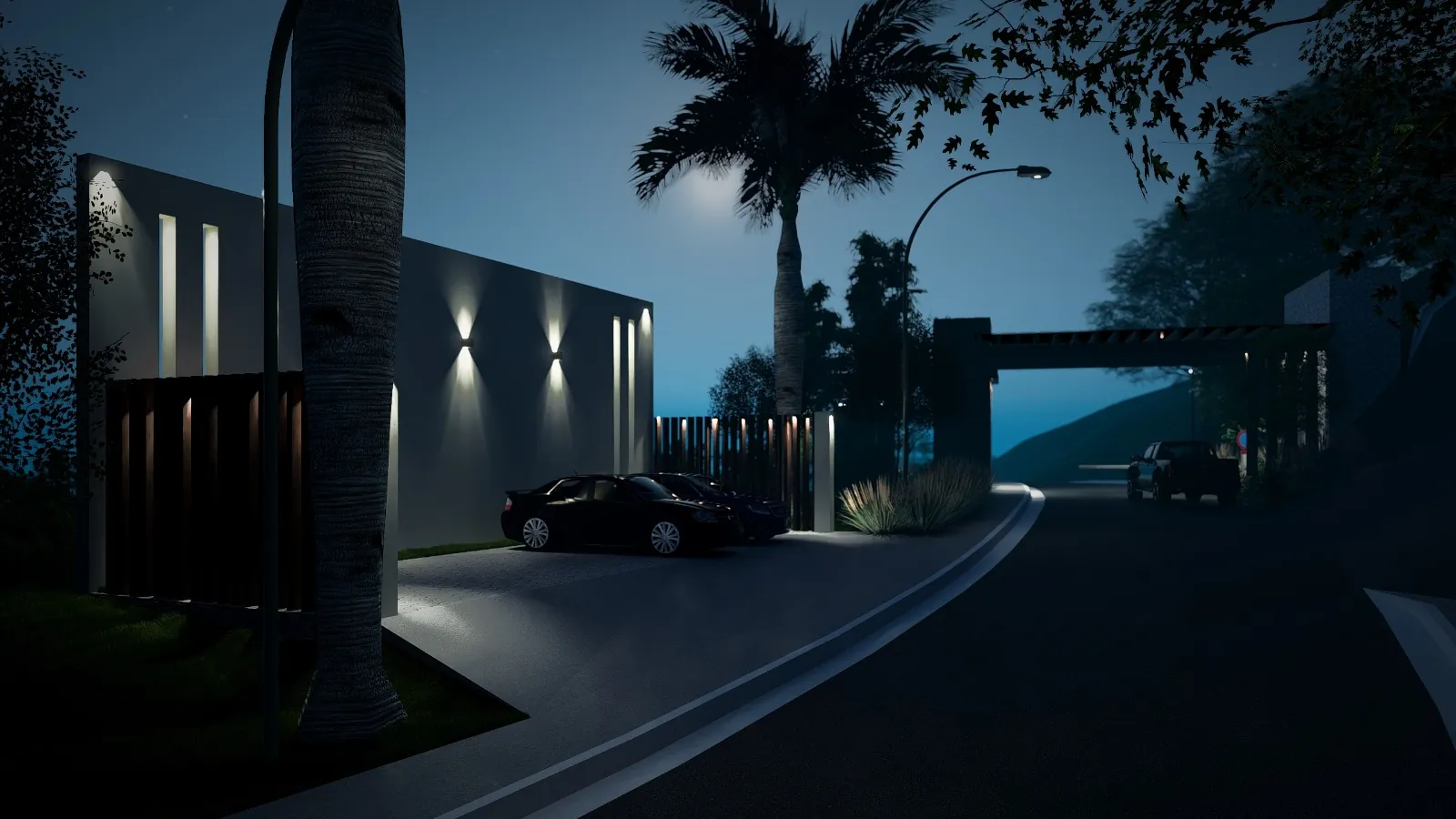 Render — entrada del condominio, de noche