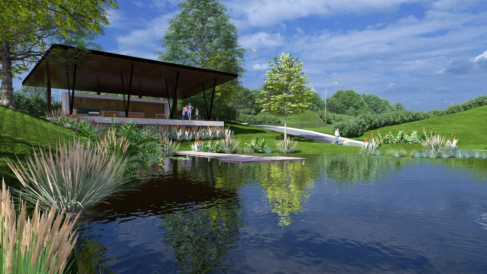Render — lago y área social, Altos del Bosque