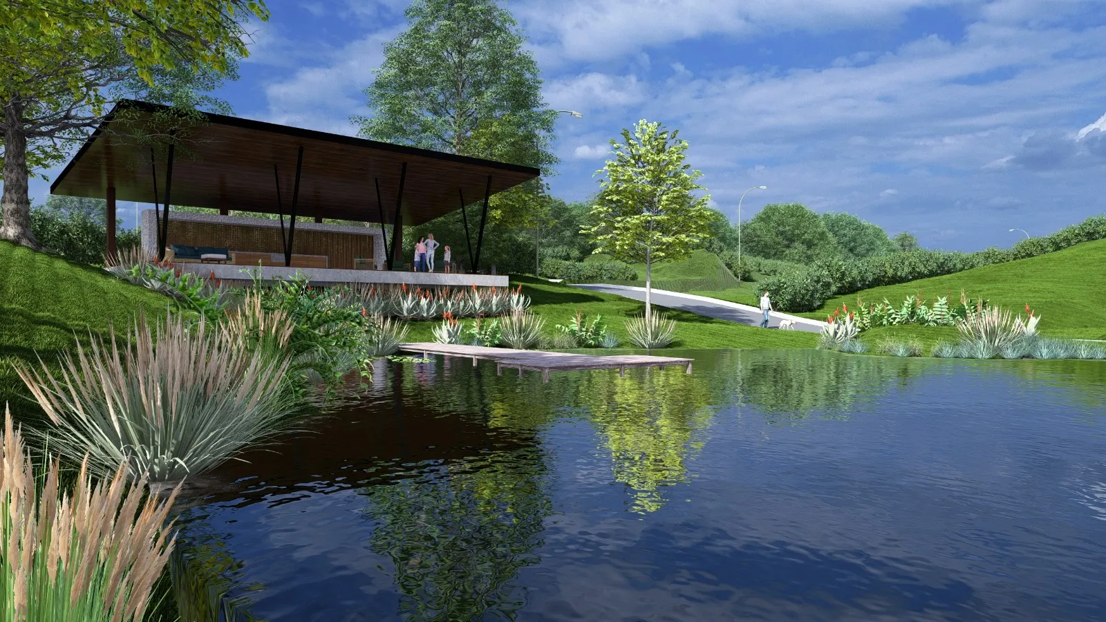 Render — lago y área social, Altos del Bosque