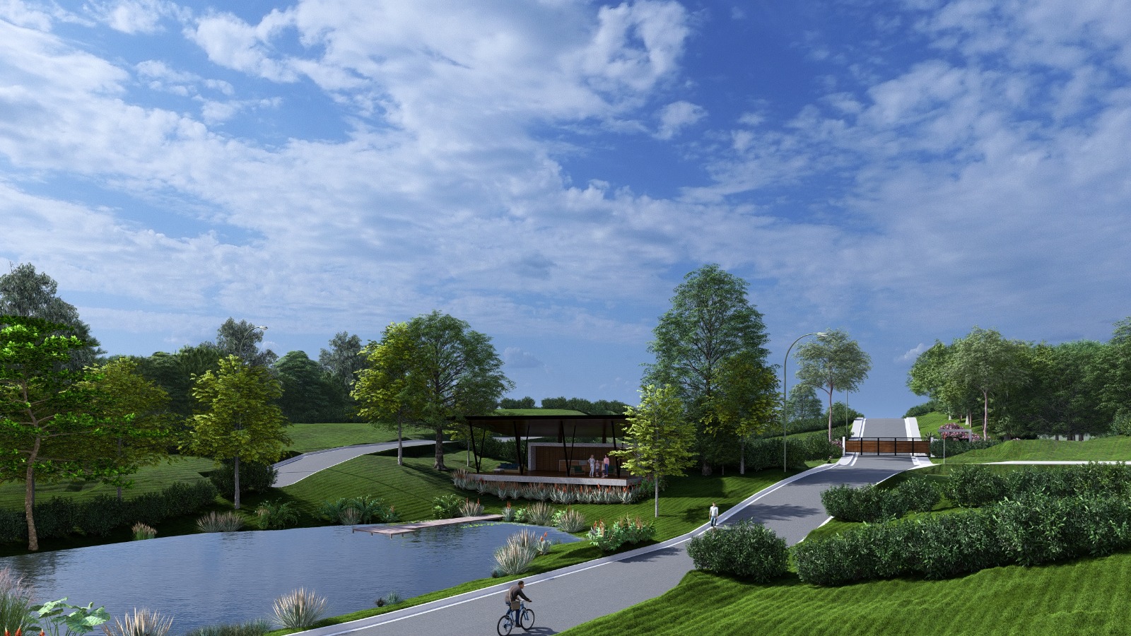 Render — vista panorámica lago y pabellón social